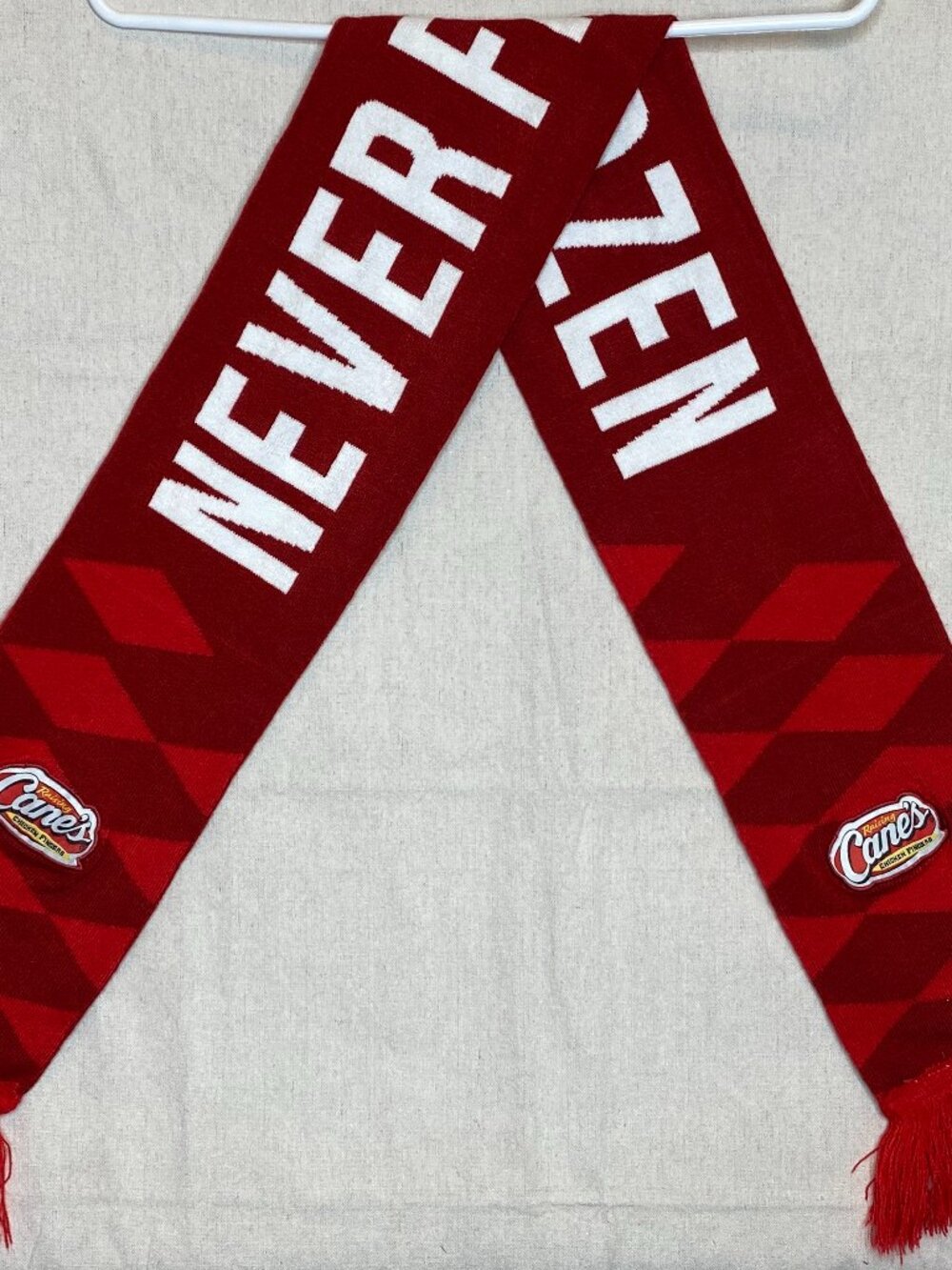 NEVER FROZEN Raising Cane’s Scarf Double Sided Red 50" x 6" Chicken Fingers Cane